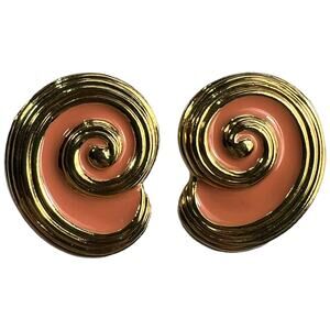 Vintage 90s Pink Coral Gold Swirl Vortex Enamel Clip On Statement Earrings